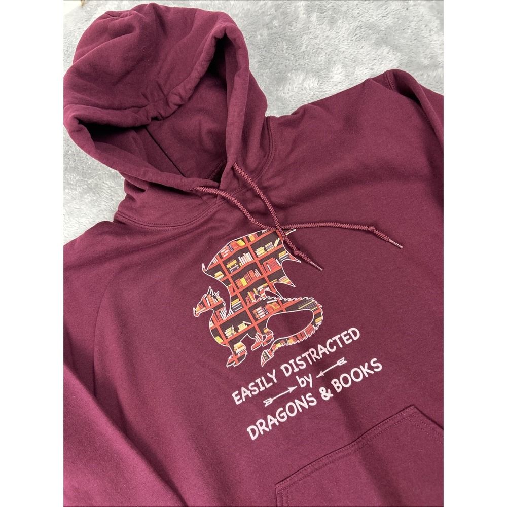 Graphic Hoodie Burgundy Adult Size Medium Distracted by Dragons & Books